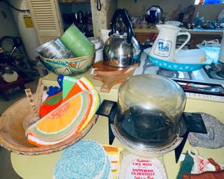 Vintage Potholders, Vintage Popcorn Popper, Wooden Bowls