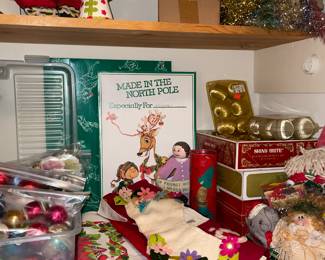 Boxes of Christmas ornaments, vintage Christmas linens 