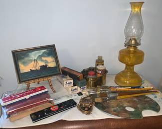 Paint brushes, oil lamp, paint palette, Drawing charcoal, pastels 