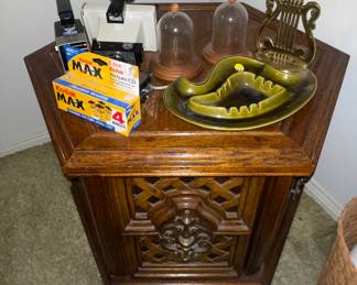 Green Pottery Ashtray, Vintage Cameras, Brass Harp Bookends 