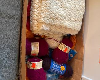 Box of Yarn and Partial crocheted items