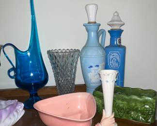 LE Smith Blue Glass Pitcher, Hand Vase, Haeger Pottery Sold