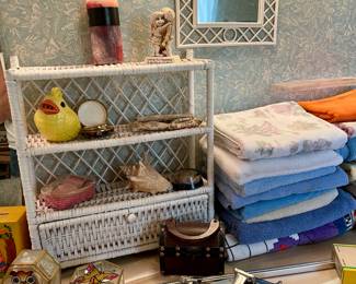 Wicker mirror, Wicker Shelf, Chrome Bathroom Fixtures, Glass Trinket Boxes