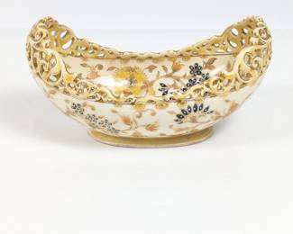 Antique Zsolnay Pecs Hungarian Hand-Painted Pottery Boat Shaped Bowl With Scroll Rim, Floral Decor & Gilt Highlights
