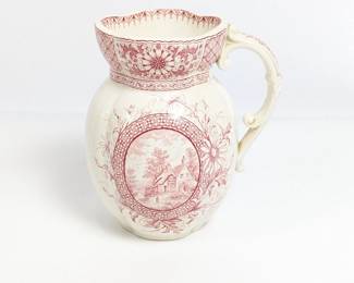 Antique Whittaker & Co. Surrey Pitcher with Red Floral and Scene Design
