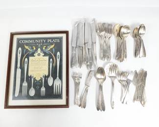 Antique Oneida Community Plate Bird of Paradise Silver-Plated Flatware Collection with Framed Advertisement