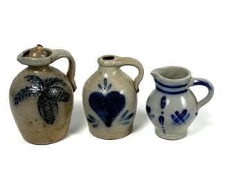 Rowe Pottery Works Oil Lamp & Jug with Unmarked Stoneware Pitcher