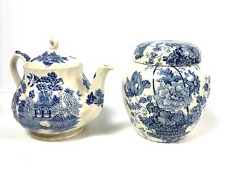 Blue and White Sadler, England Teapot and Royal Staffordshire Lidded Jar