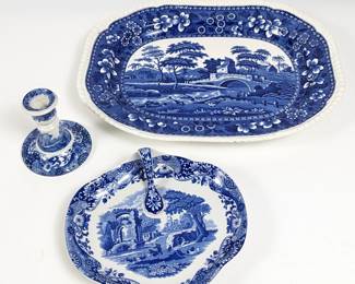 Vintage Blue and White Spode Lot - Platter, Candle Holder, Handled Platter