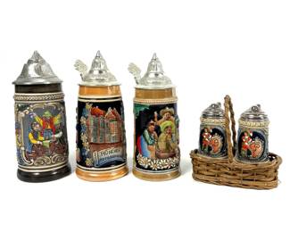 German Beer Stein Collector's Lot - Decorative Steins and Salt & Pepper Shaker Set
