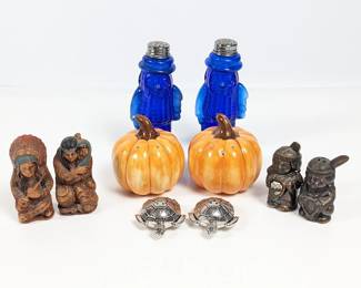 Vintage Salt and Pepper Shaker Collection - Blue Glass Mr. Peanut, Native American, Pumpkin, & Turtles