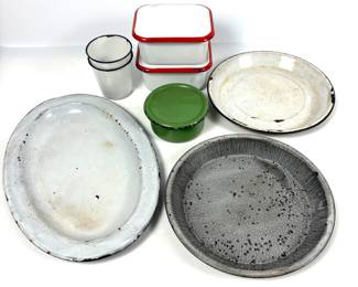 Vintage Enamelware Collection - Assorted Plates, Cups, and Containers