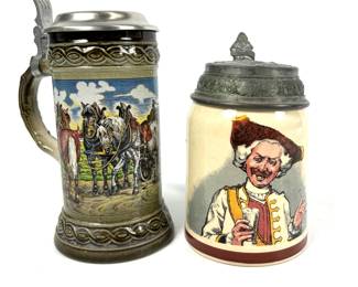 German Beer Stein Collectors Lot - Detailed Horse-Drawn Carriage & Character Stein