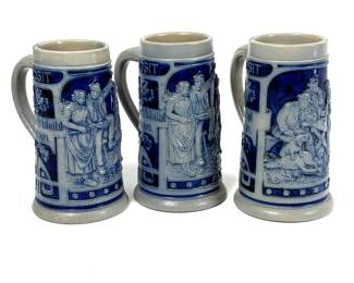 Vintage German Beer Stein Collection - Three Prosit Blue & Gray Ceramic Mugs