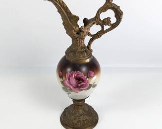 Antique Ornate Brass and Ceramic Ewer Vase with Rose Design