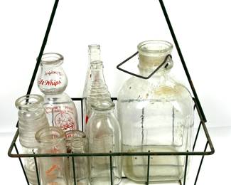 Vintage Glass Bottle Collection with Wire Carrier