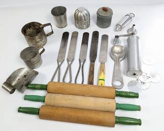 Vintage Kitchen Baking Lot - Rolling Pins, Spatulas, Measuring Cups, Cookie Press & More
