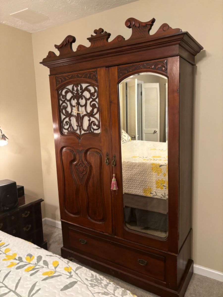 Antique Armoire, side night stand. Speakers
