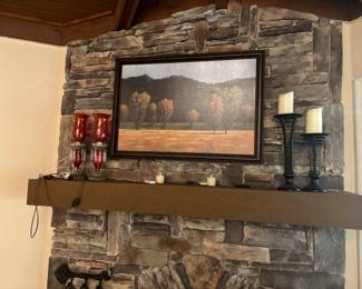 Matching sets and nice oil framed landscape picture. Candle stands. Red glass lantern lamps. 