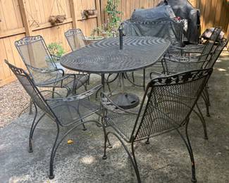 Wrought iron sets, umbrella stand, grills, bird seed, camping grill. 