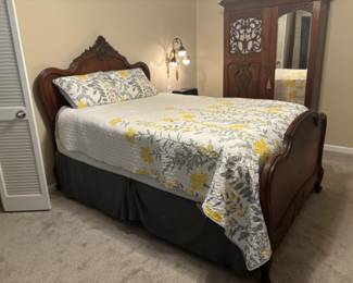 Antique King Bed frame, queen mattress, Large beautiful armoire with drawers and shelves and  antique chest