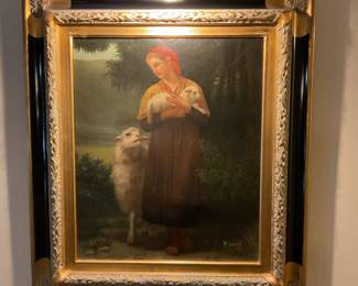 Vintage Framed “Shepherdess” with lamp. 