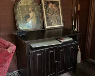 Vintage pictures, solid cabinet with shelves. 