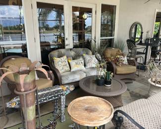 Available for pre-sale now. Patio settee woven plastic (cushions as-is) $30.00. Call 407-590-8471 to view/purchase.