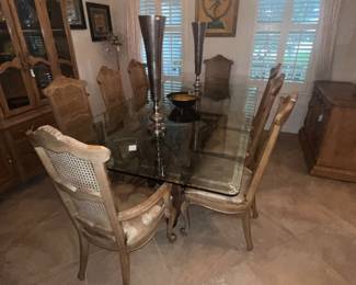 Available for pre-sale now. Glass top table with 8 chairs $250.00. Call 407-590-8471 to view/purchase.