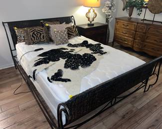 Available for pre-sale now. Iron and Wicker Decorator Queen Bed Frame is $45.00, (Electric Queen Bed is priced separately $145.00) . Call 407-590-8471 to view/purchase.