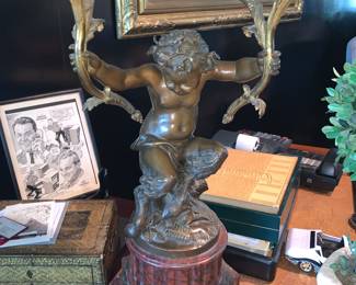 Pair of French Patinated Bronze and Gilt Cherub Candlealbra lamps