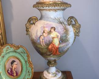 Pair of 19th c Sevres Style porcelain Urns mounted in bronze