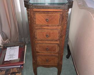 Pair of antique Louis XV style Semaniers - bronze mounted walnut and kingwood 4 drawer tall chests with marquetry inlay and marble top