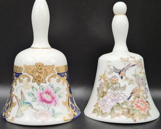 2- Vtg Mismatched Porcelain Bells w/ Bird & Flower
