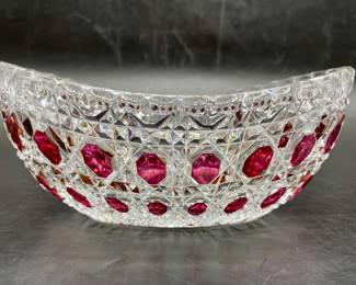 Vintage Flashed Ruby & Crystal Oval Bowl