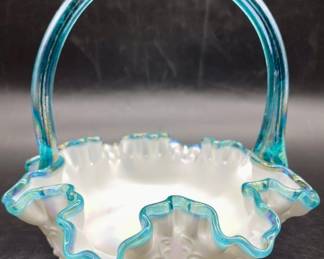Vtg. Aqua Crest Fenton Basket w/ Embossed Flower