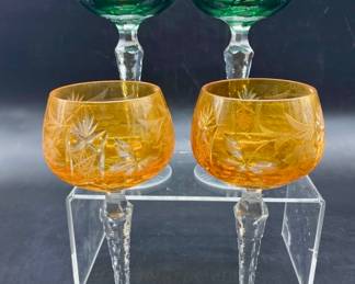 (4) Bohemia Amber & Green Cut to Clear Wine Hocks