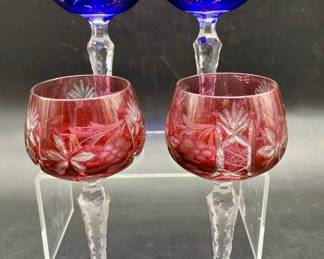 (4) Bohemia Cobalt & Ruby Cut to Clear Wine Hocks