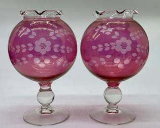 (2) Vtg. Etched Cranberry Pedestal Rose Bowls w/ Ruffled Edge