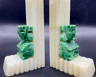 Pair of Onyx Bookends w/ Green Mayan Idols