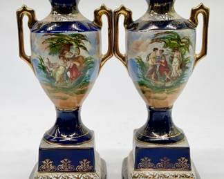 Pair Cobalt Fine Porcelain Urn Vases