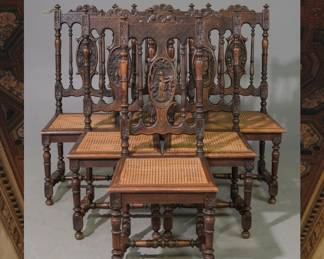 French Carved Chestnut Dining Chairs with Caned Seats, Set of 6