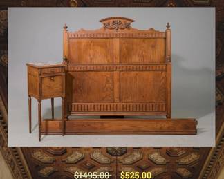 French Louis XVI Chestnut Bed & Marble Top Night Table