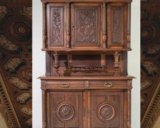 French Carved Walnut Buffet A Deux Corps