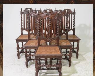Louis XIII French Twist Finely Carved Oak Dining Chairs