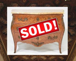 French Louis XV Inlaid Marquetry Chest with Ormolu and Marble Top