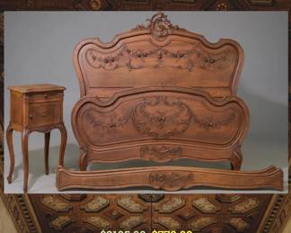 French Louis XV Carved Walnut Bed and Night Table