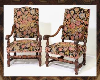 French Louis XIII Walnut Fireside Arm Chairs