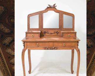 French Normandy "Love Birds" Oak Dressing Table