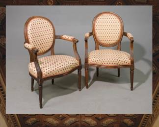 Pair of French Louis XVI Upholstered Arm Chairs